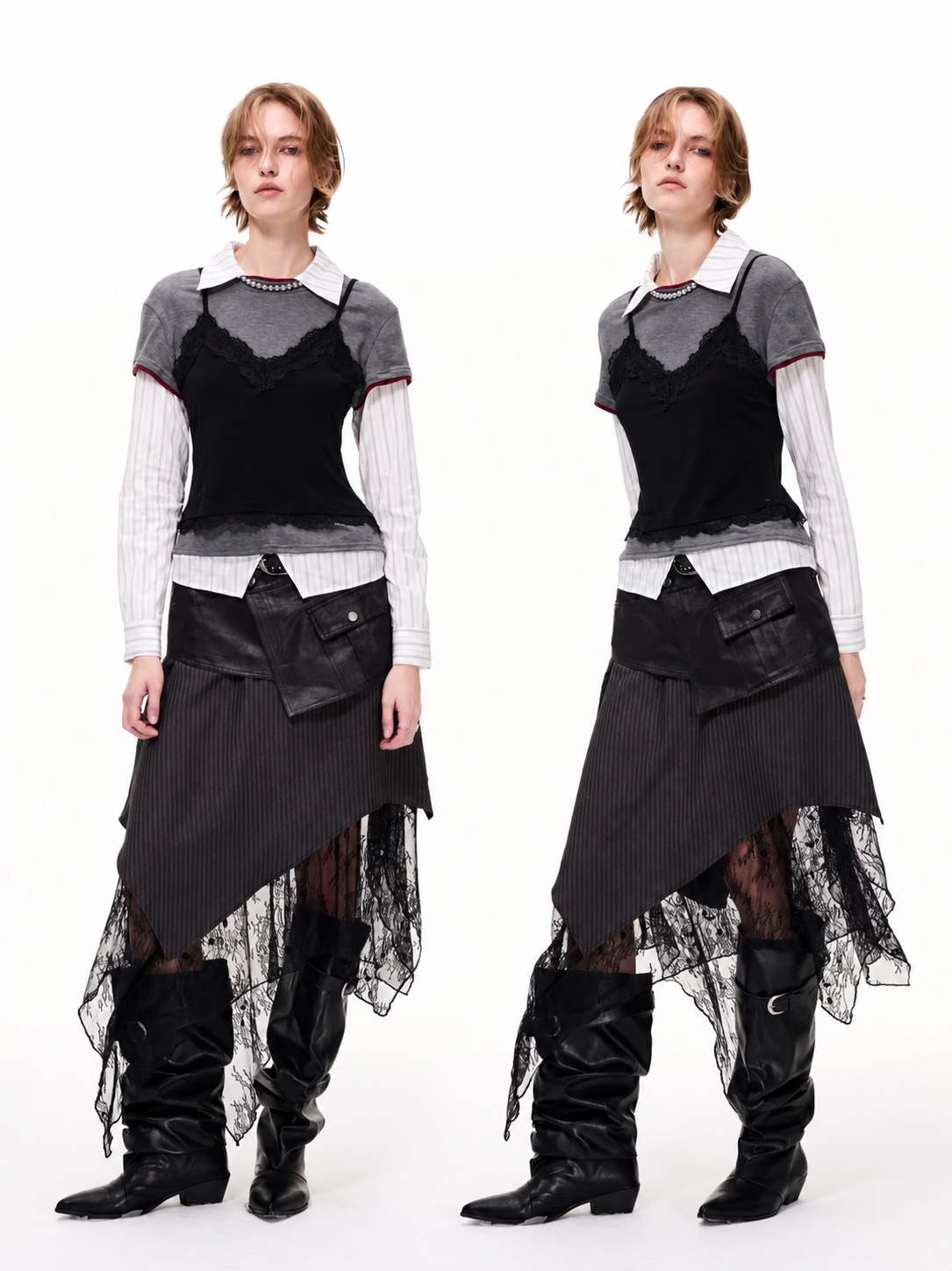 Two views of a KOOOKS look with a layered grey tee, lace camisole, asymmetric skirt and boots