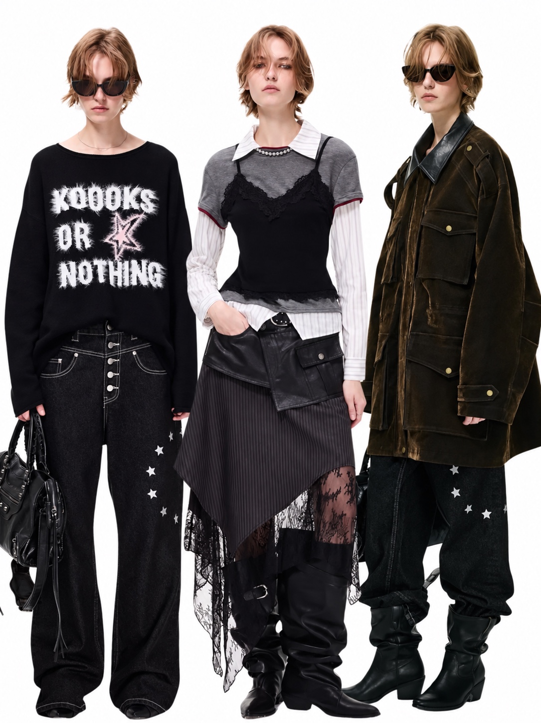 Three KOOOKS looks featuring star jeans, lace layers and a utility coat