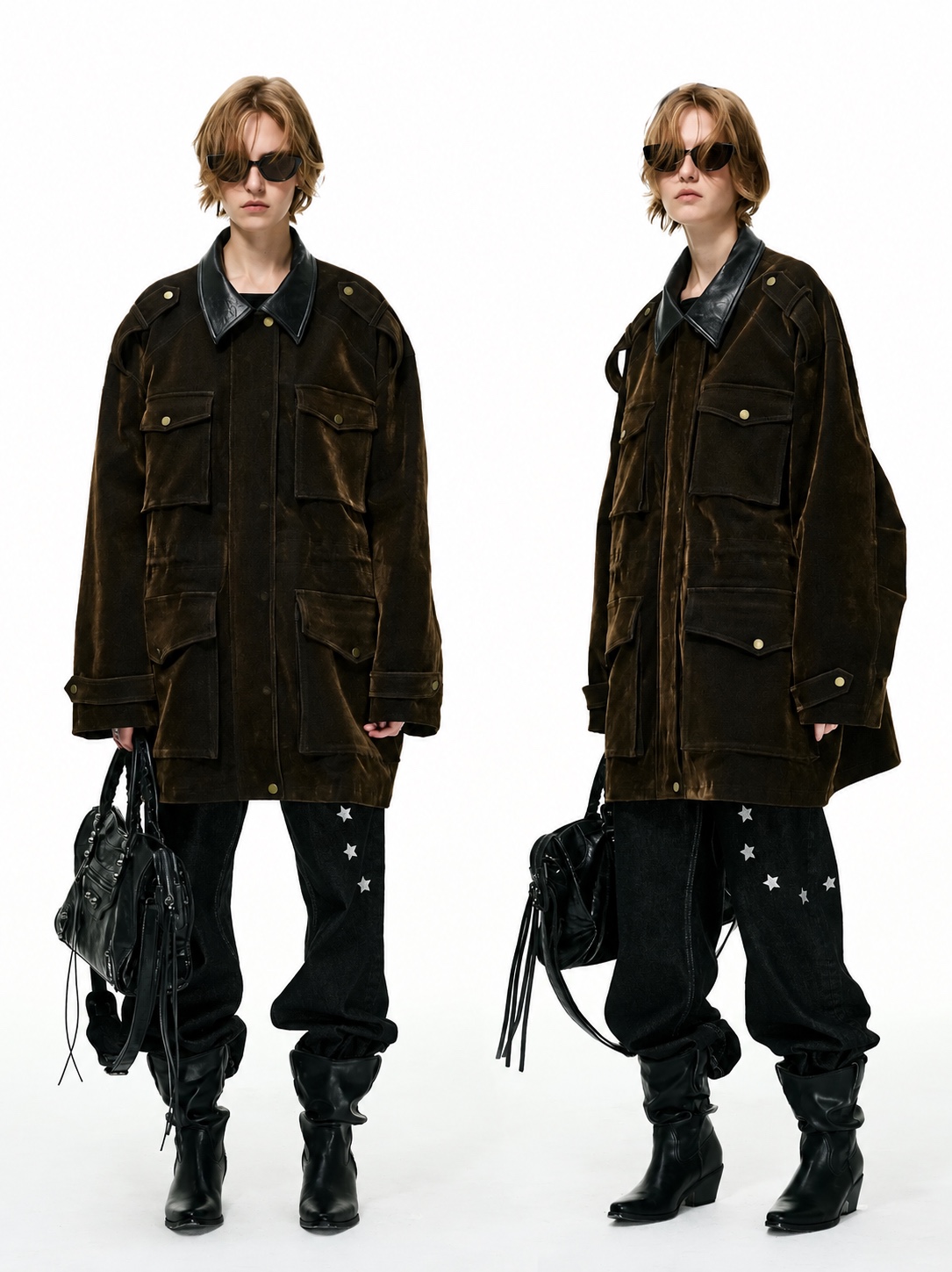Two front views of an oversized brown utility coat styled with black star jeans