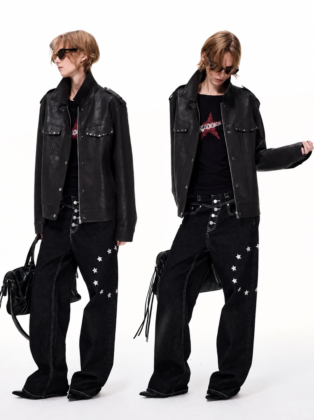 Studded black leather jacket over a graphic T-shirt, paired with wide-leg star-print jeans