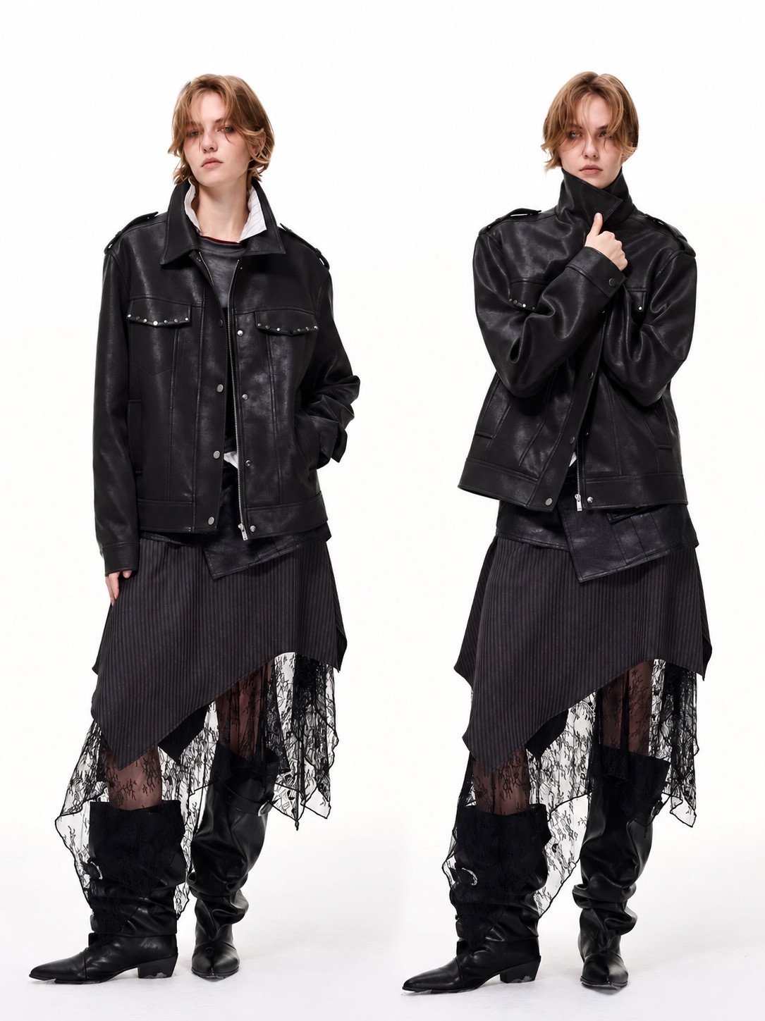Black leather jacket with an asymmetric pinstriped and lace skirt and slouch boots