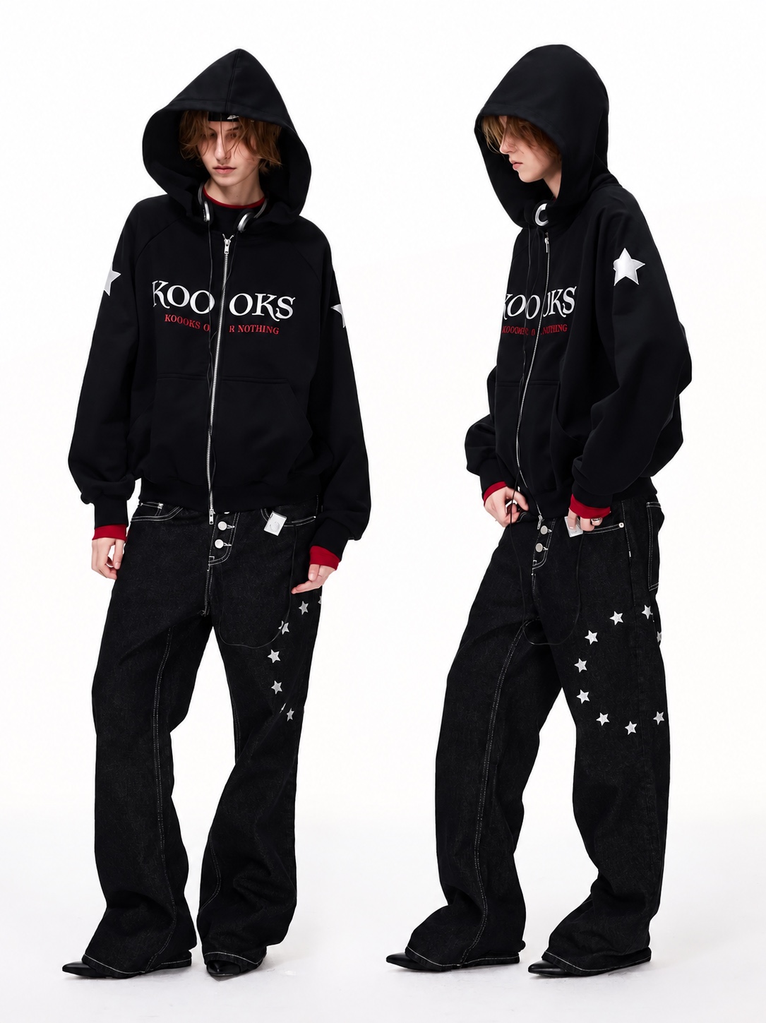 Black zip-up hoodie with white star details and wide-leg star-print jeans