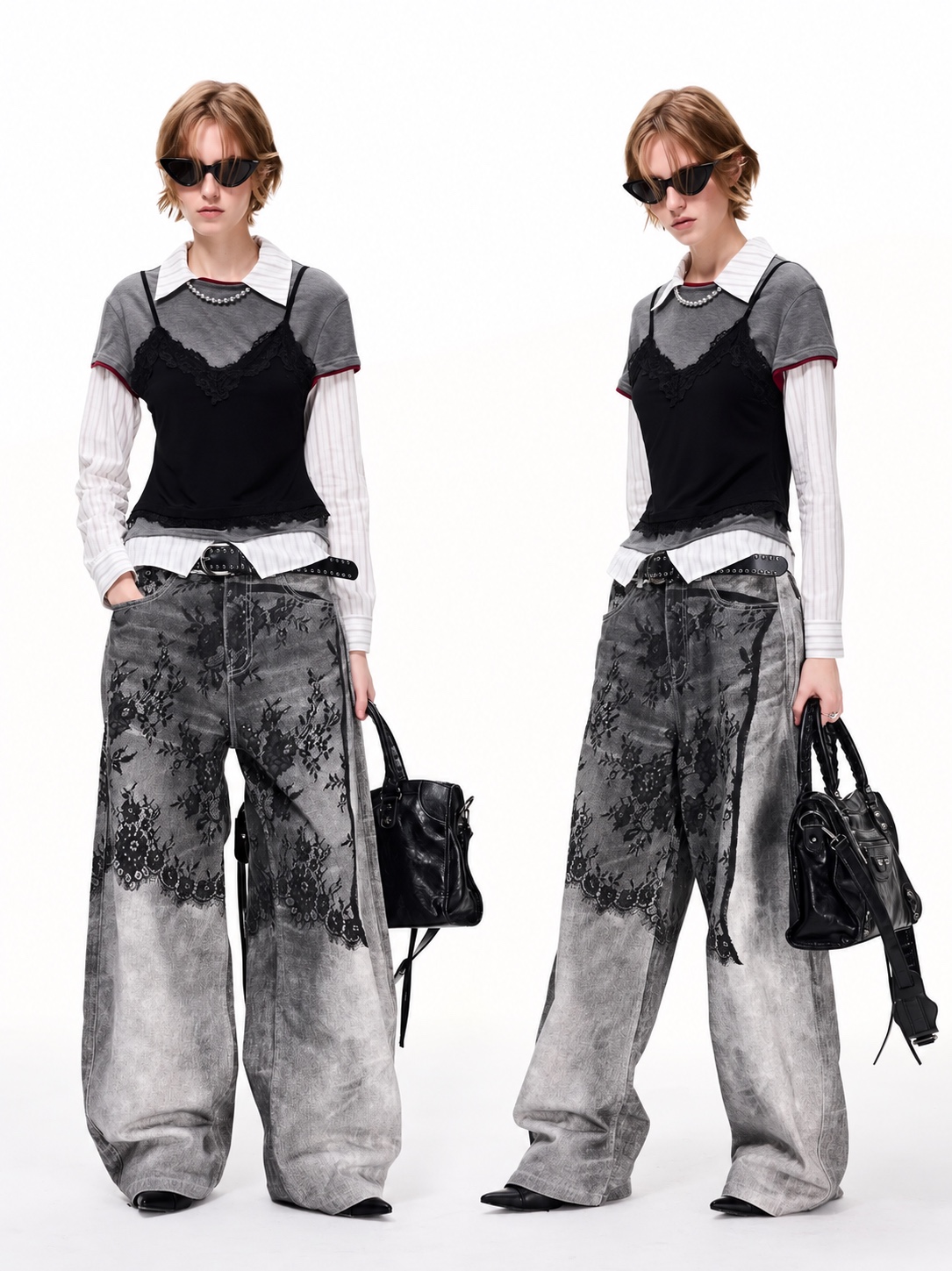Black lace camisole layered over a grey T-shirt and white shirt, with grey lace-print jeans