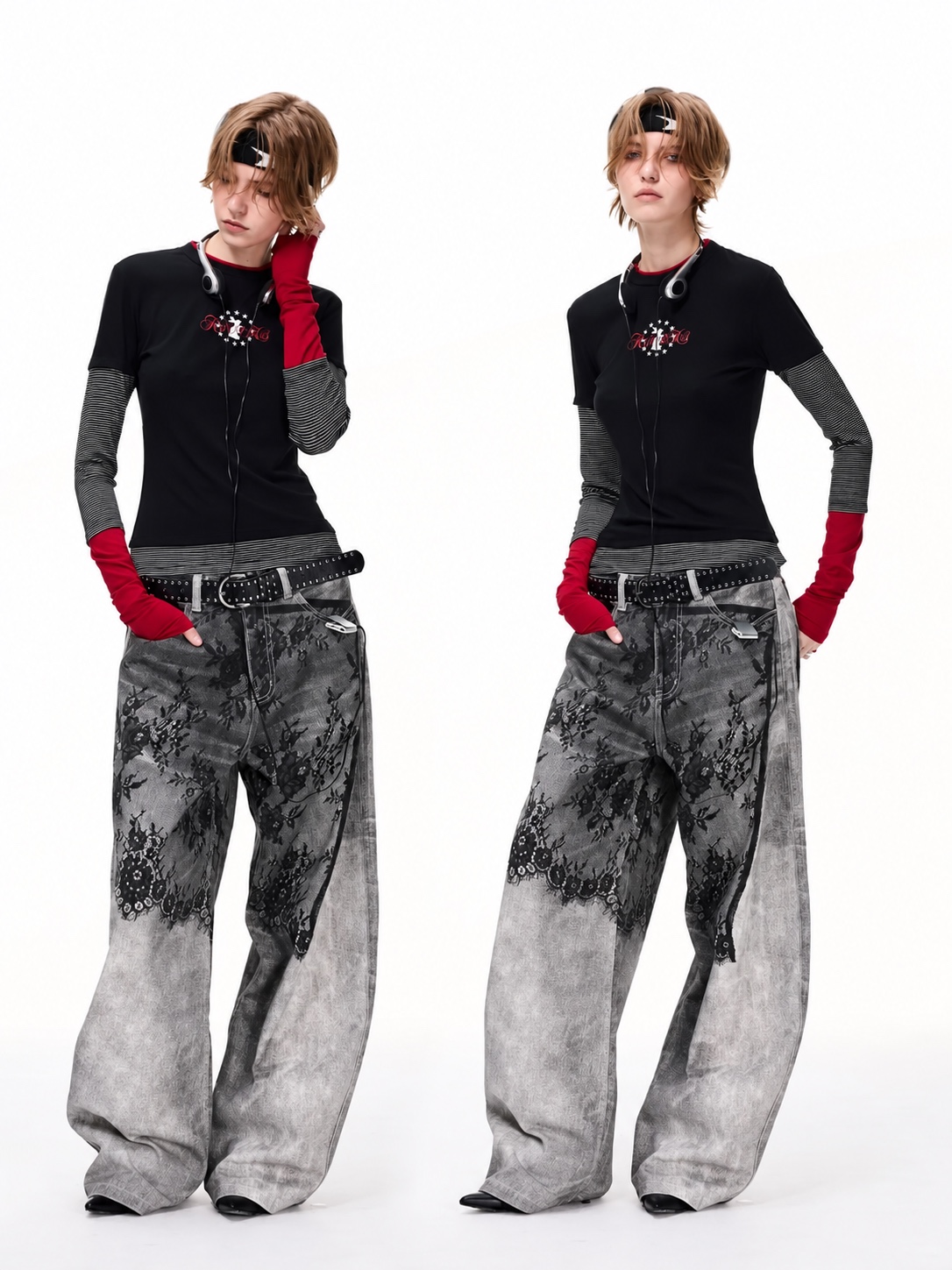 Two front views of a black T-shirt over grey striped sleeves and red cuffs, with grey lace-print jeans
