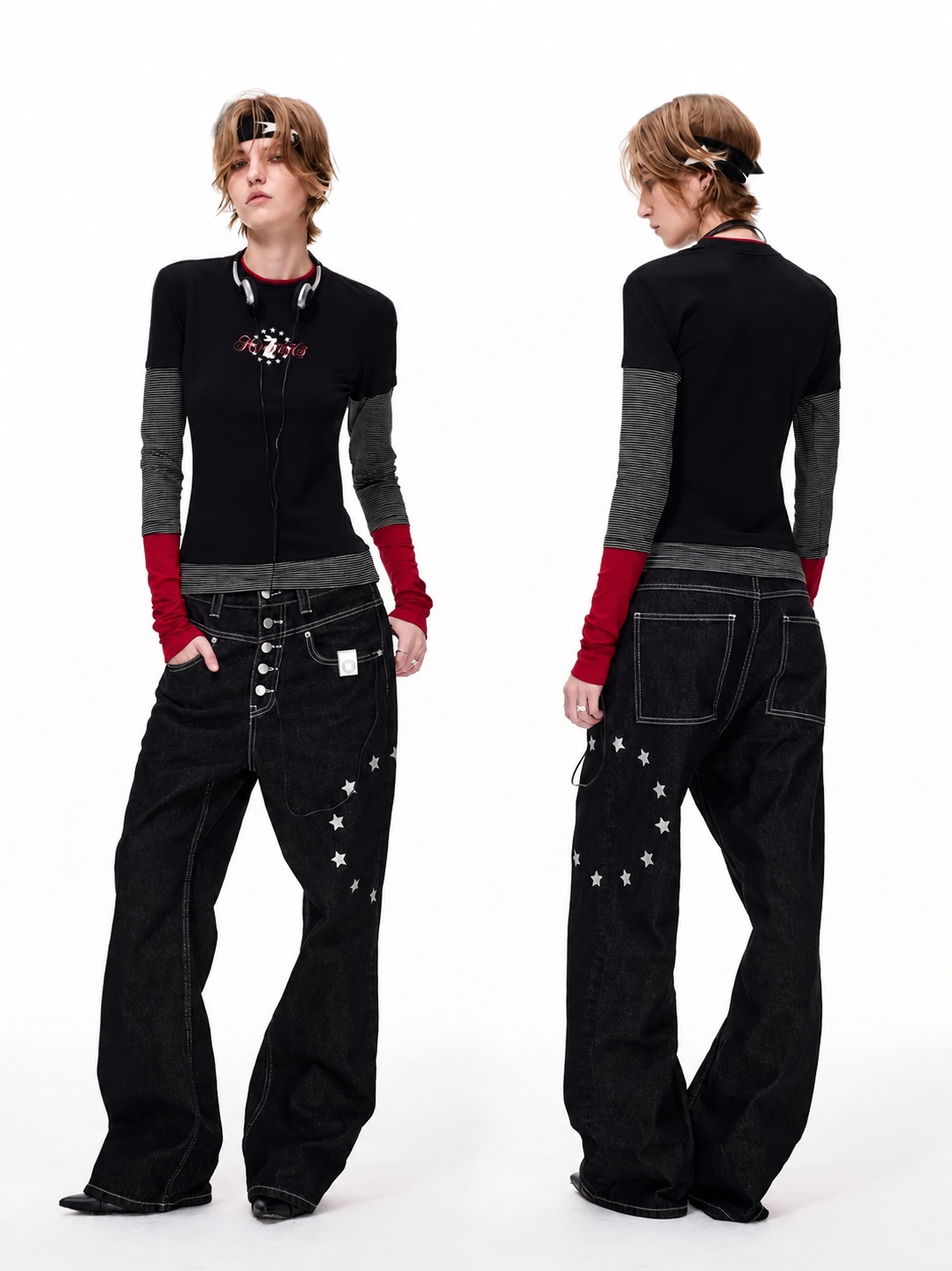 Front and back views of a black layered T-shirt, red cuffs and wide-leg black star-print jeans