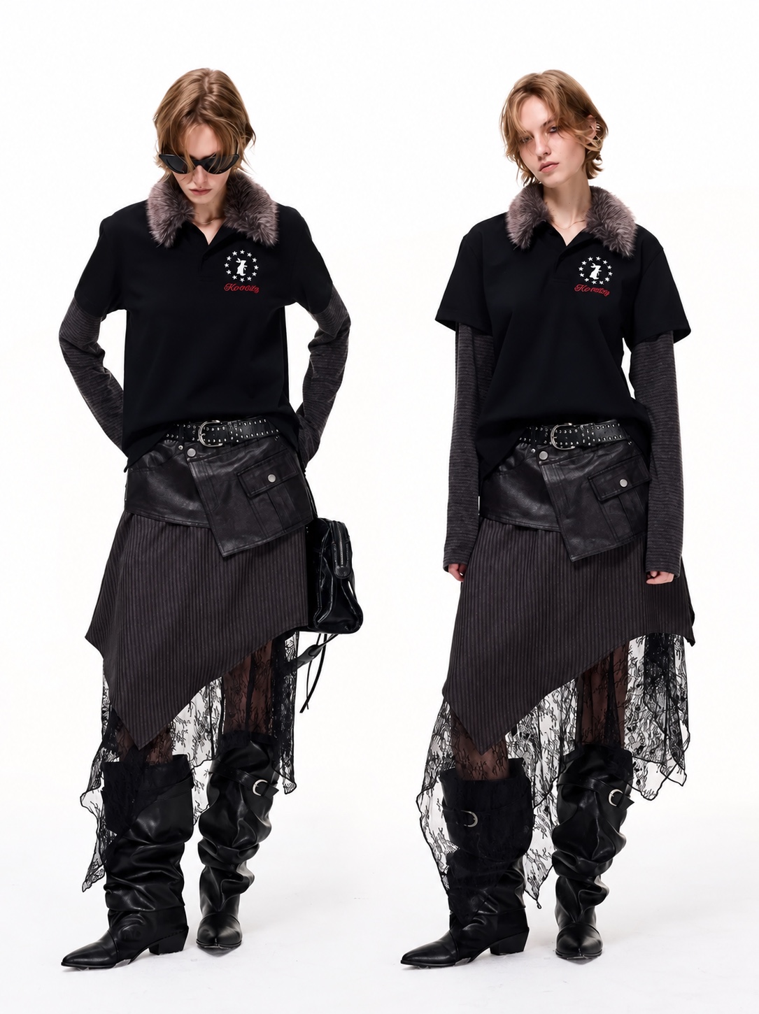 Black polo top with a furry collar and layered sleeves, an asymmetric lace skirt and slouch boots