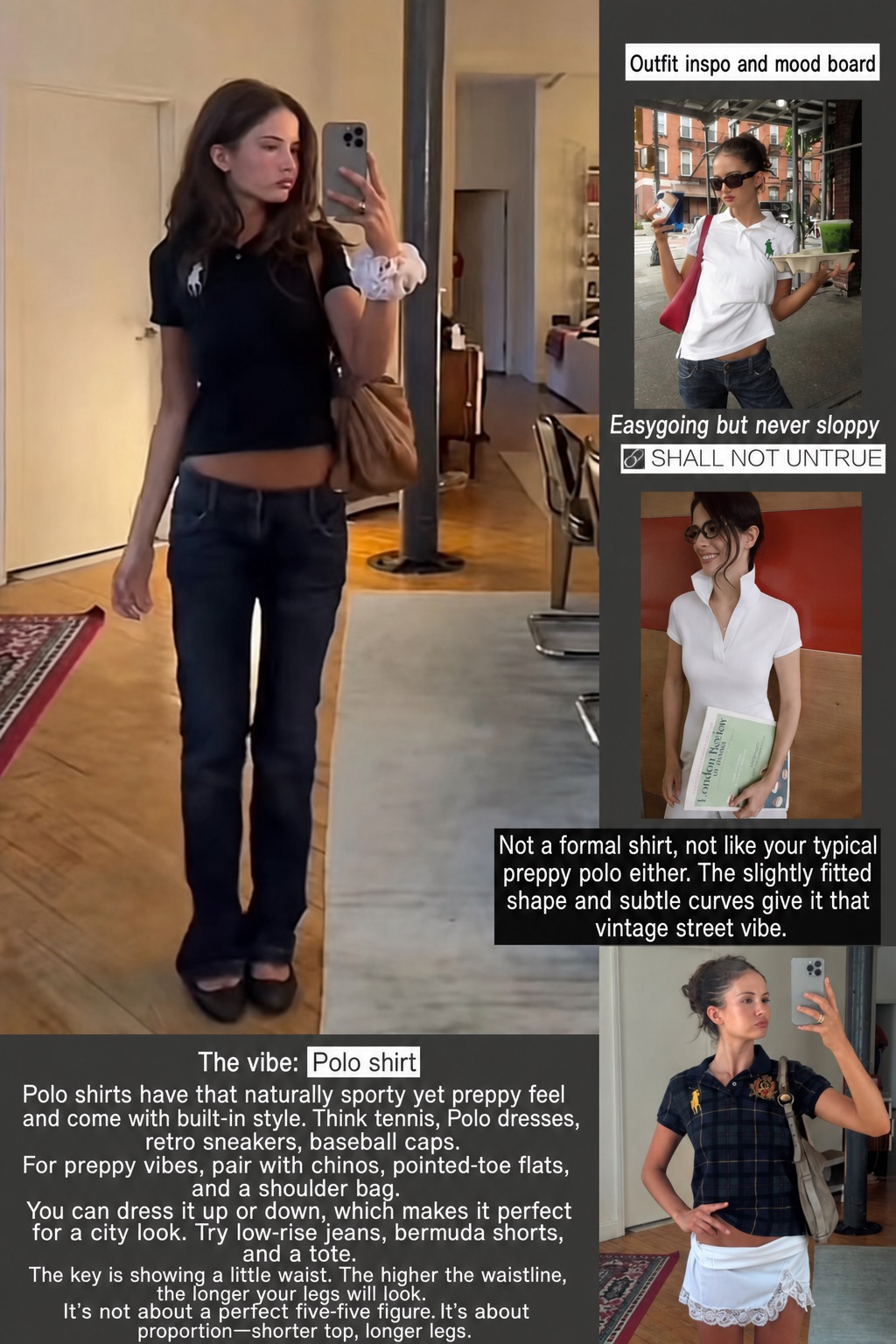 Polo shirts styled with low-rise jeans and preppy city pieces in an English fashion mood board