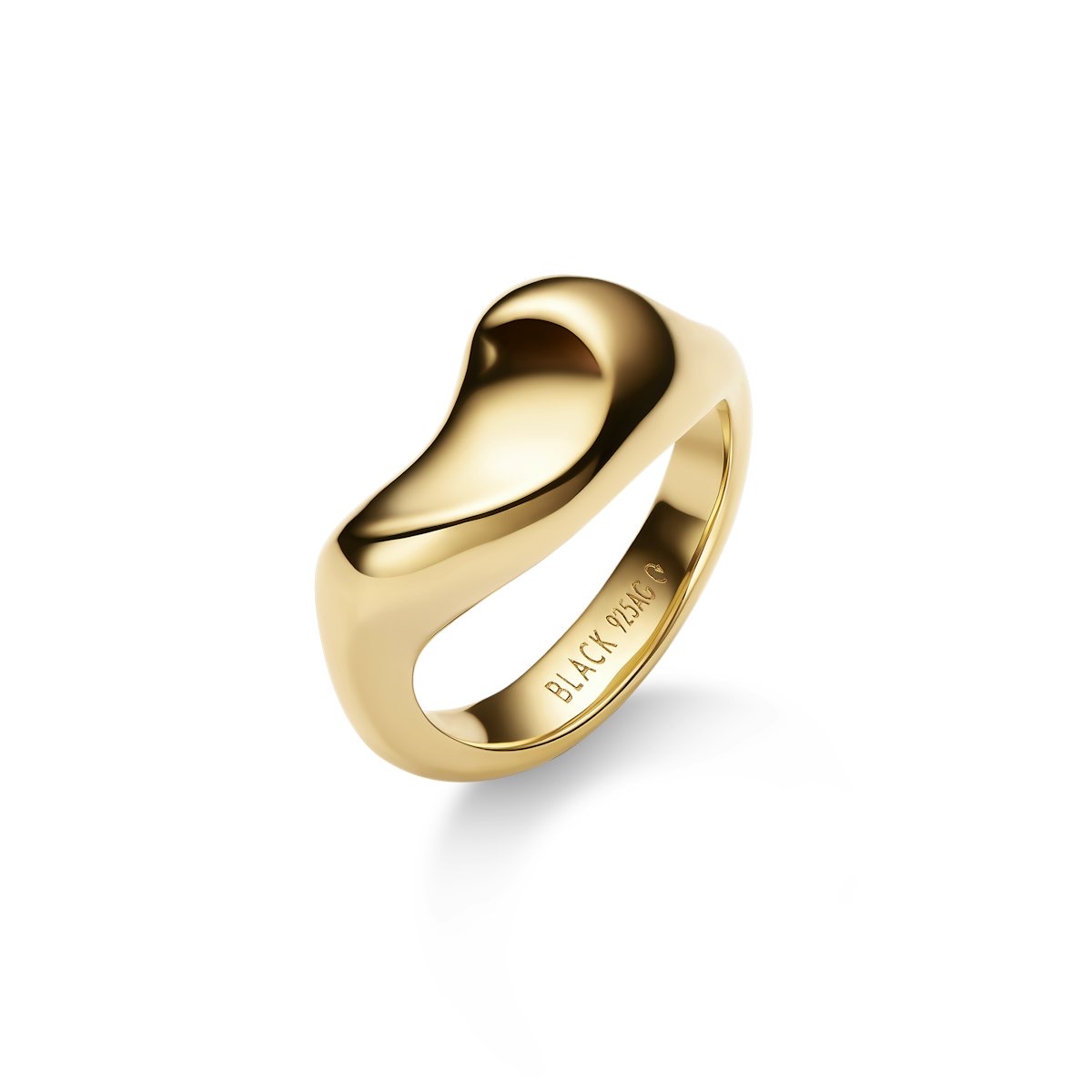 Maria Black sculptural gold saddle ring on a white background