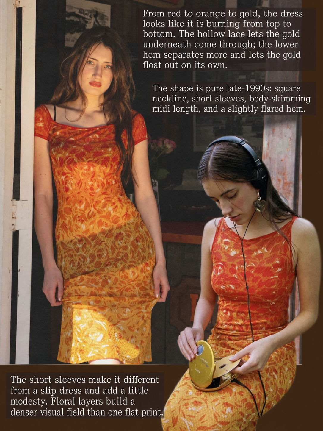 Y2K Cavalli dress inspiration with orange, red and gold floral texture