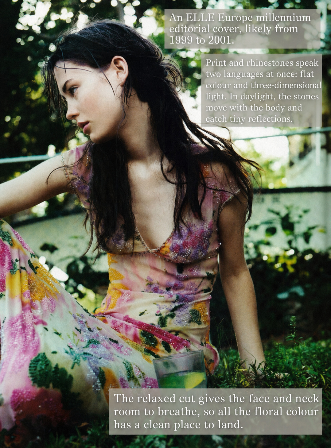 Floral rhinestone dress with relaxed Y2K styling and soft outdoor light
