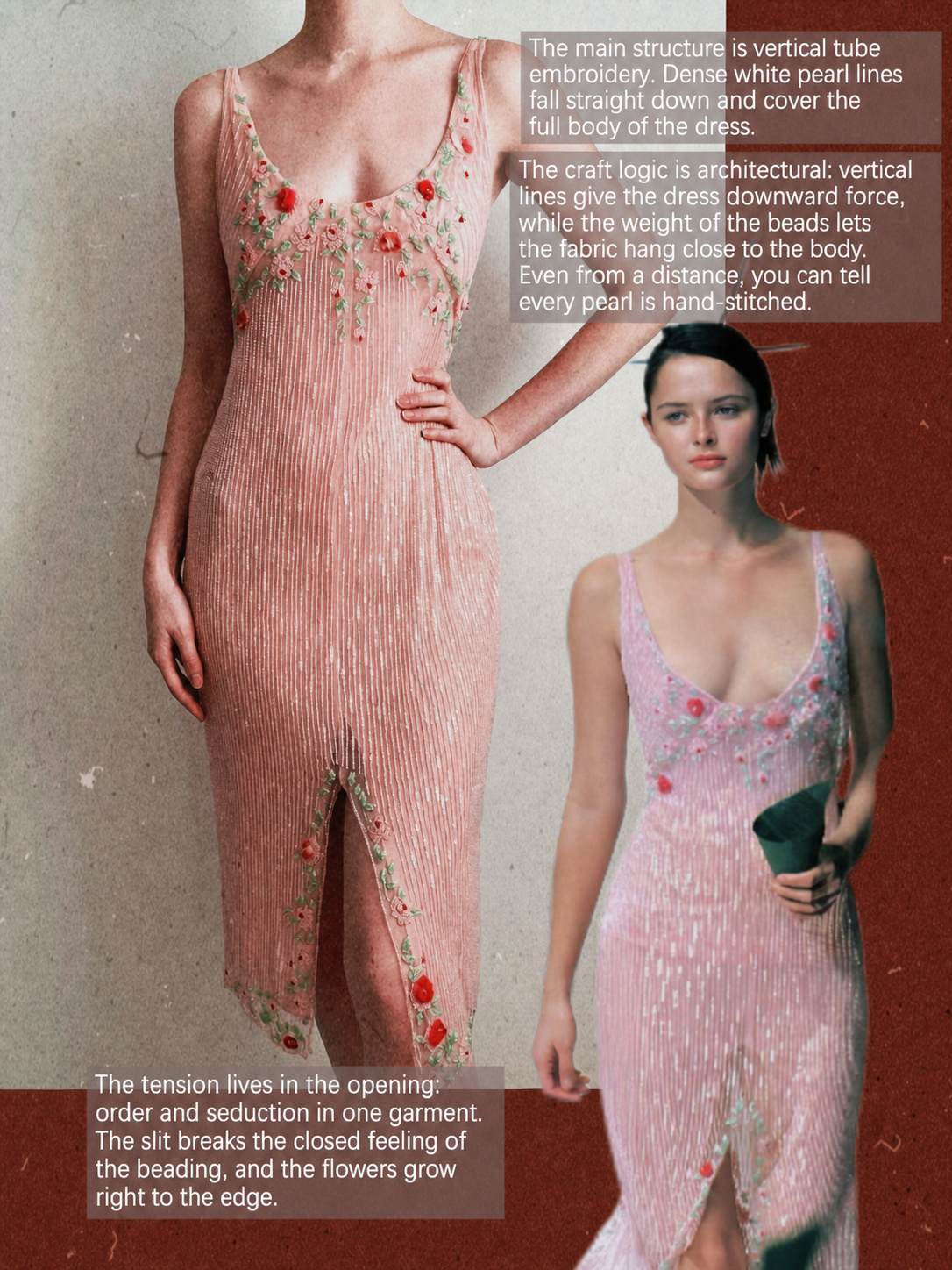 Pink embroidered dress with vertical beadwork and floral details