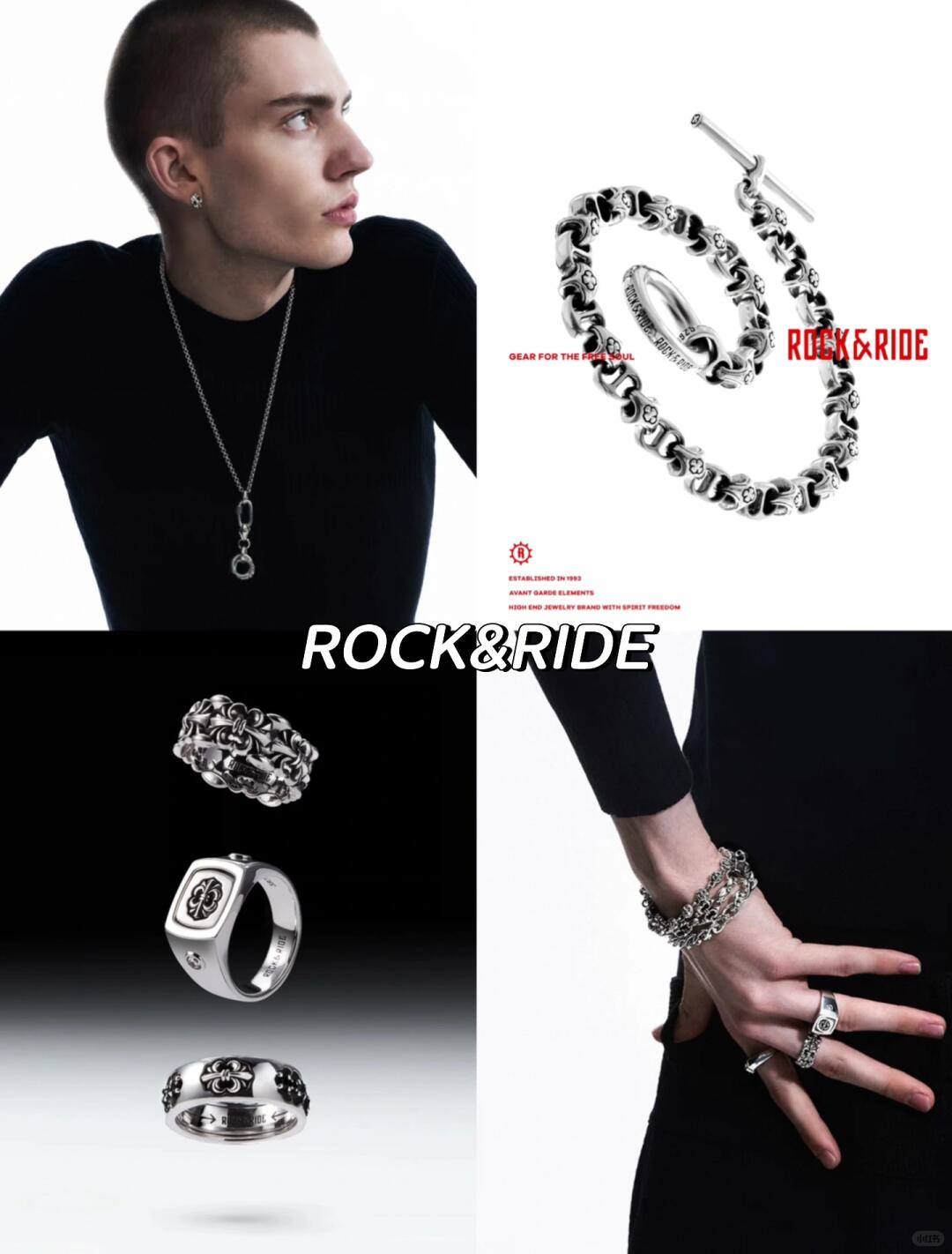 ROCK&RIDE silver rings, chains and black styling references