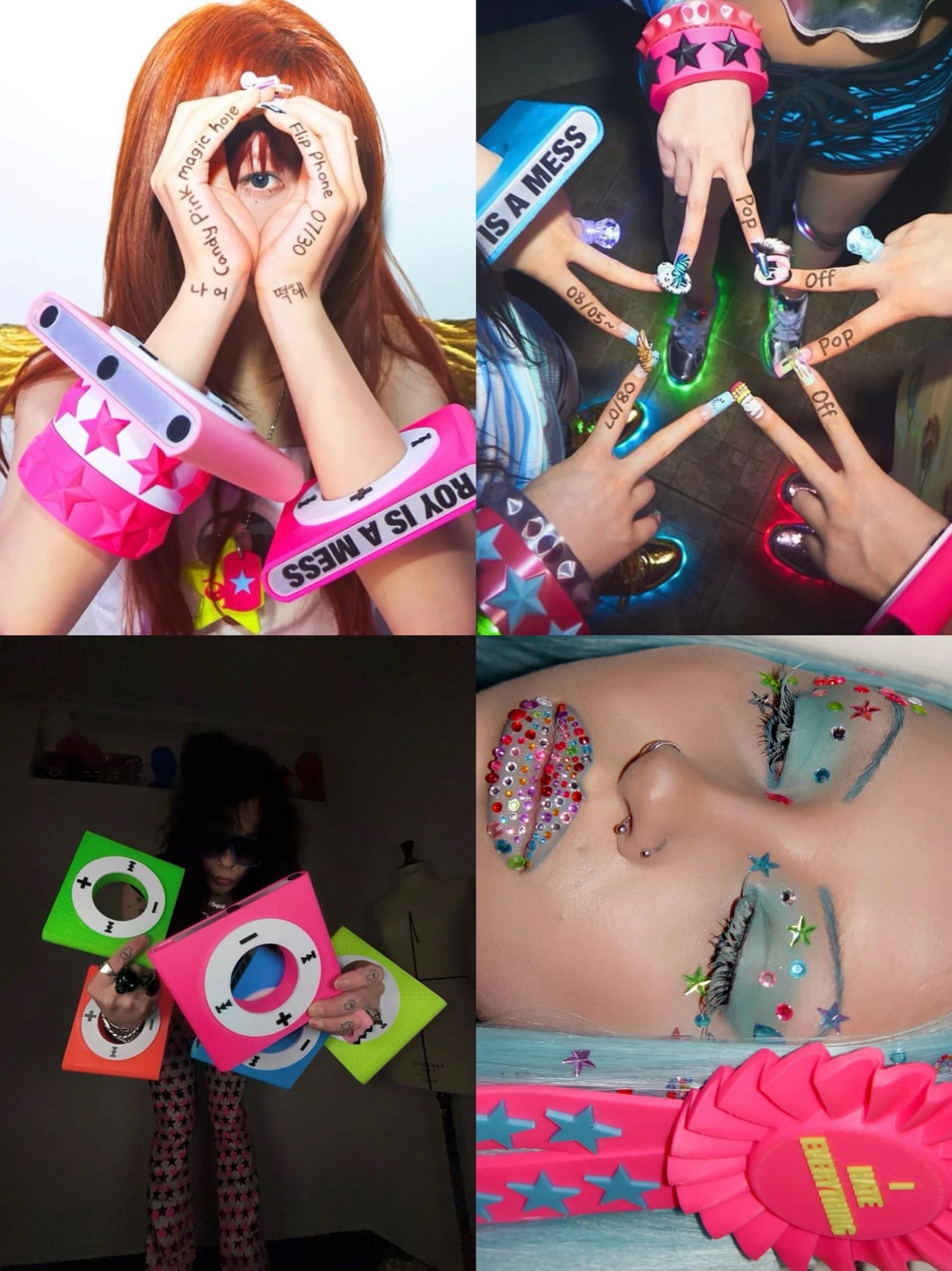 Four-panel collage of neon iPod bangles, star bracelets, hand poses and a blue-haired portrait with jeweled makeup.