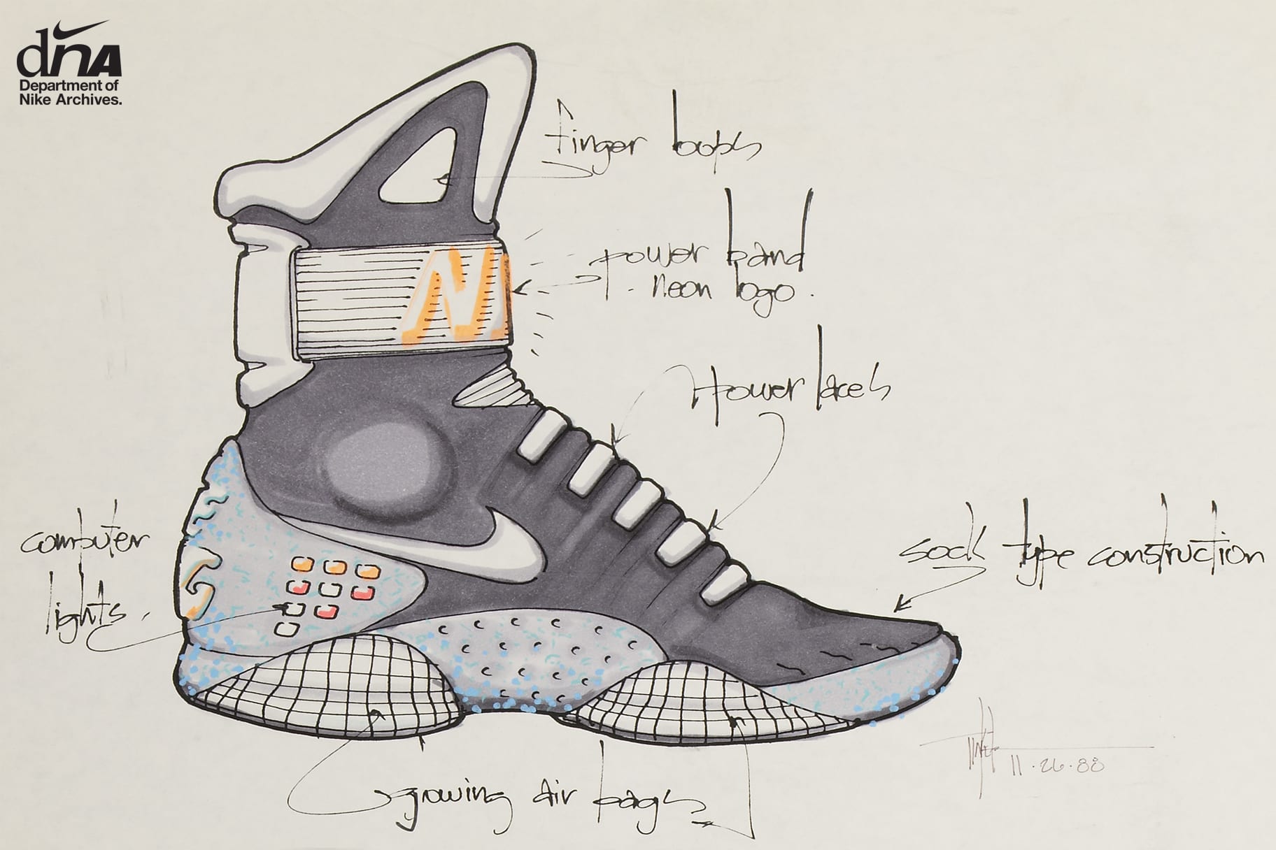 Annotated Nike Mag design sketch showing the high-top silhouette, ankle strap and proposed technical details.