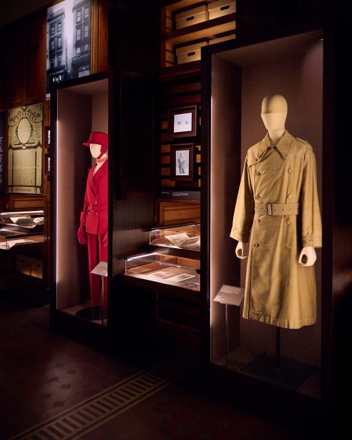Burberry trench coat display at The Burberry Trench: Crafting an Icon exhibition.