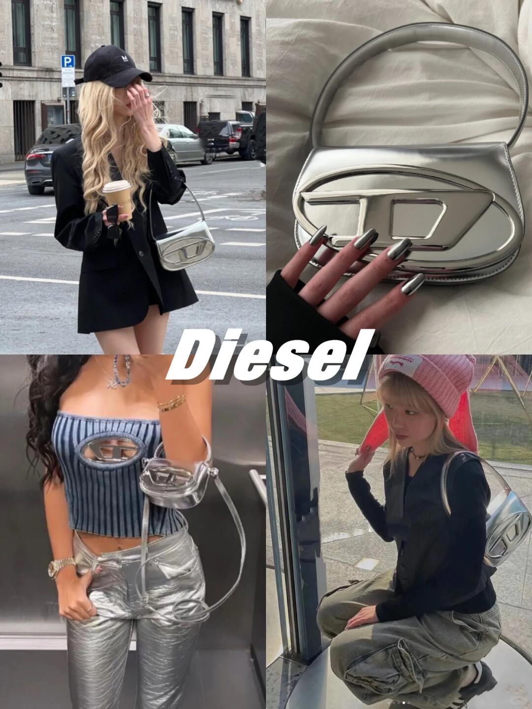 Silver Diesel 1DR bag styled with early 2000s outfits
