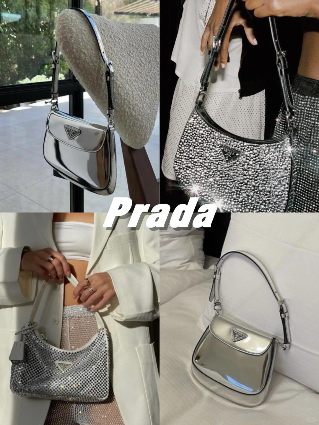 Silver Prada bags and polished metallic shoulder bag styling