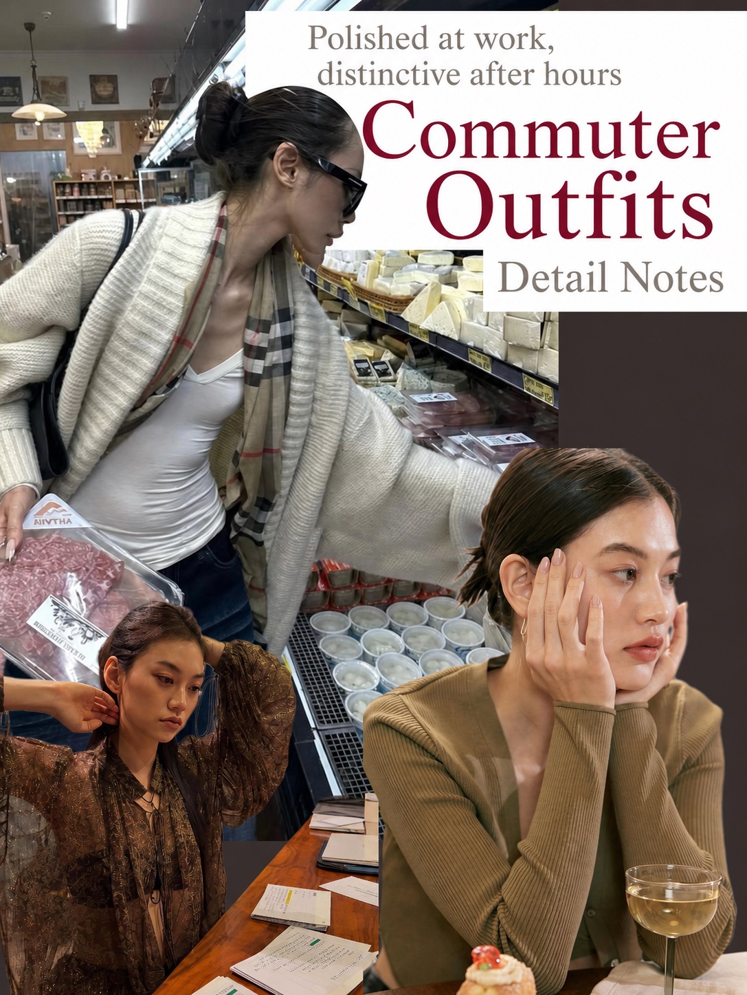 Commuter outfit mood board with cream knitwear, scarf details, and polished after-hours styling