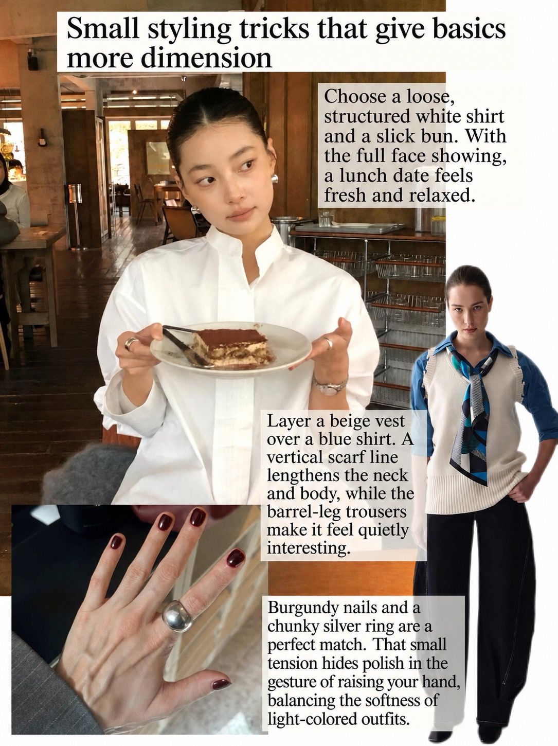White shirt styling with burgundy nails, silver ring, scarf, vest, and barrel-leg trousers