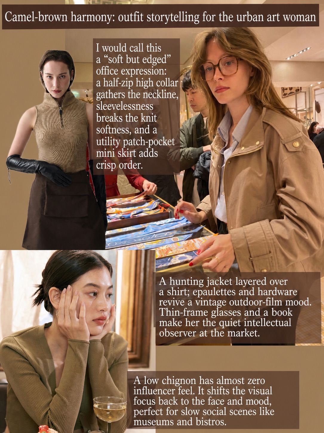 Camel and brown office outfits with hunting jacket, glasses, low chignon, and art-market styling