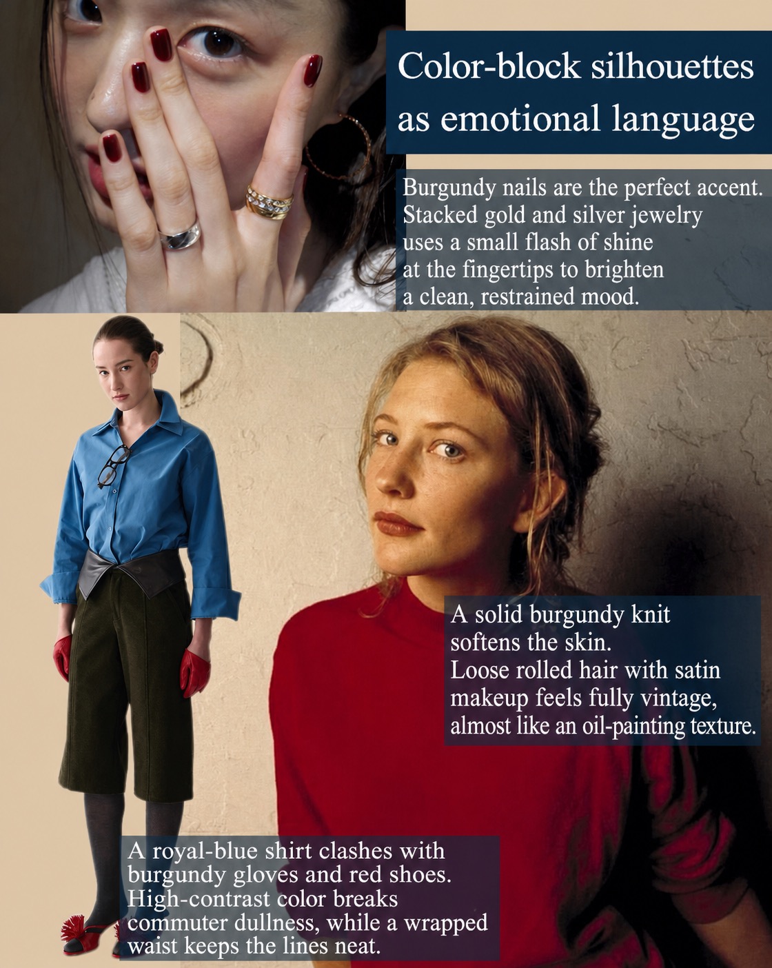 Color-block smart casual outfit with burgundy nails, blue shirt, red gloves, and burgundy knit