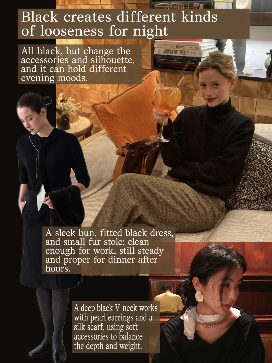 Black work outfit ideas with knitwear, V-neck styling, pearl jewelry, scarf, and evening accessories