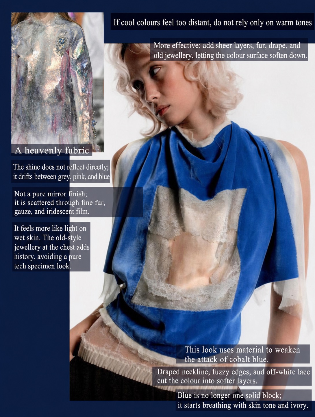 Cobalt blue and silver outfit notes with sheer texture, reflective fabric and layered cool colours