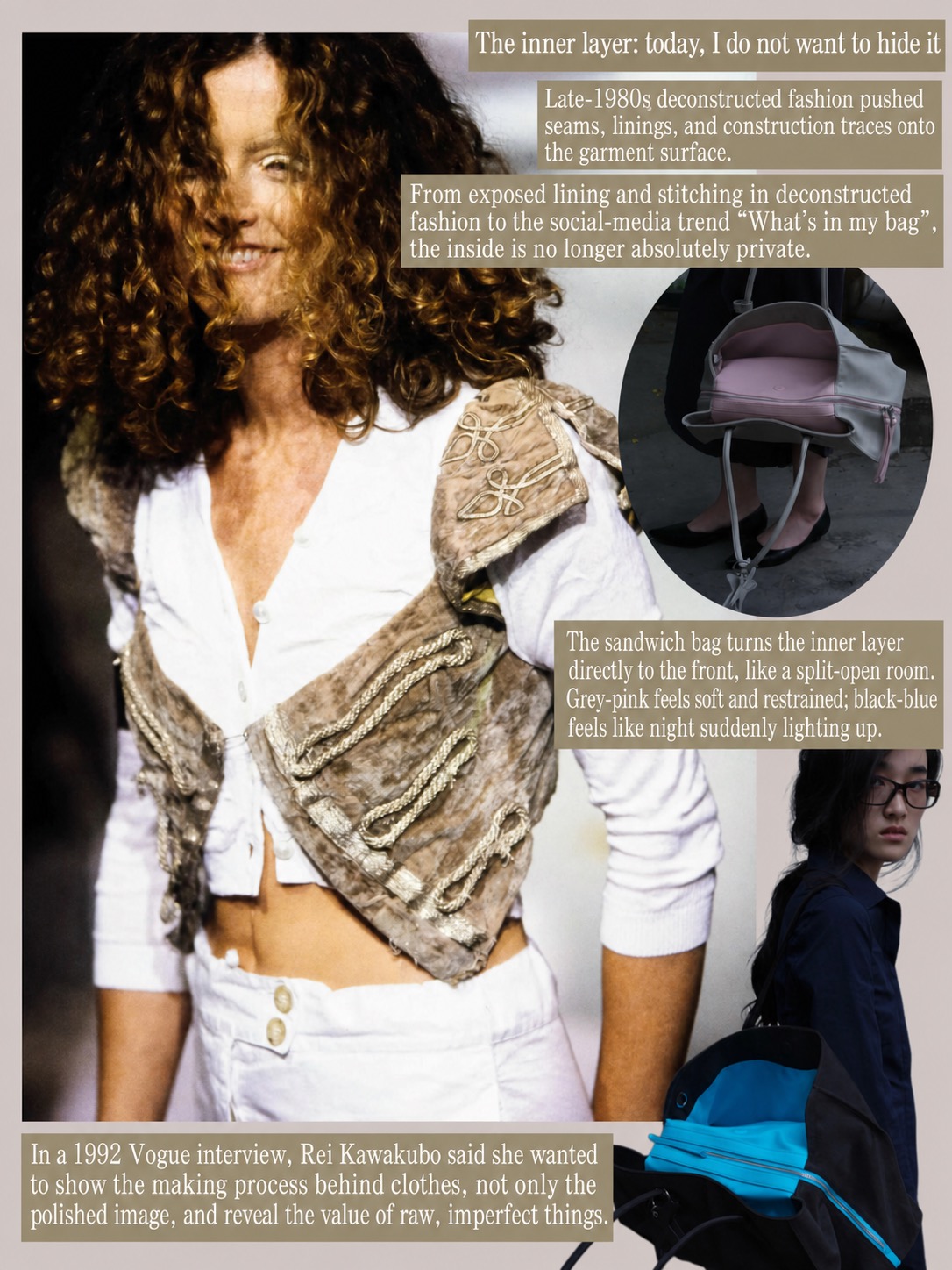 Deconstructed layered outfit with white shirt, cropped vest, grey-pink bag and black-blue woven texture