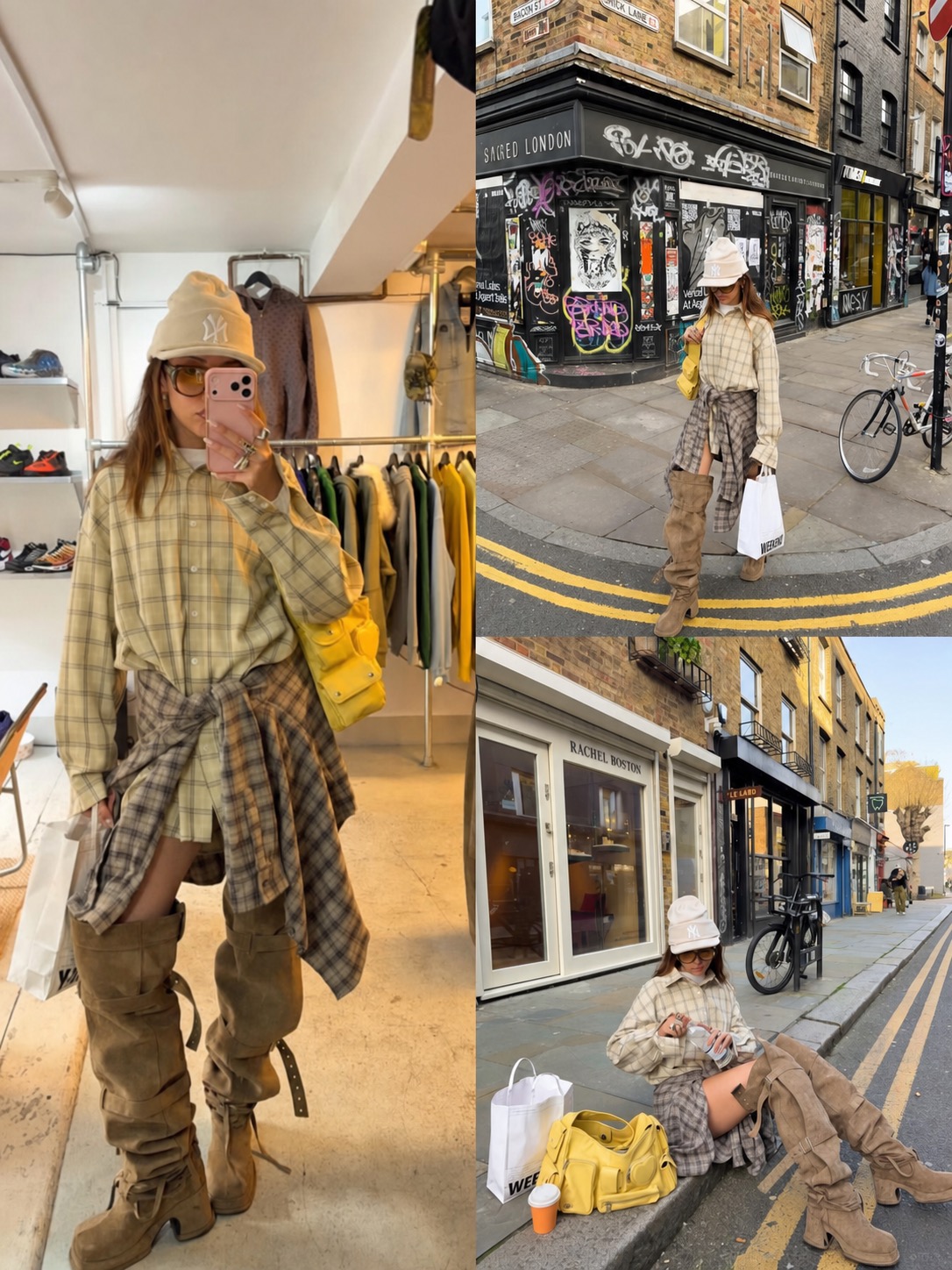 plaid layer styled with sneakers and a relaxed city backdrop