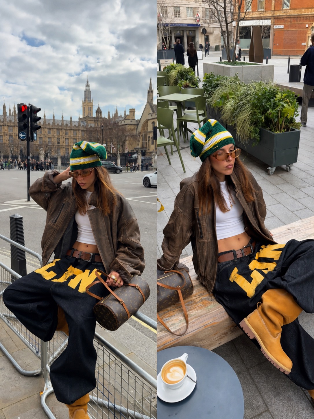 travel outfit with vintage sporty layers and a dark city palette