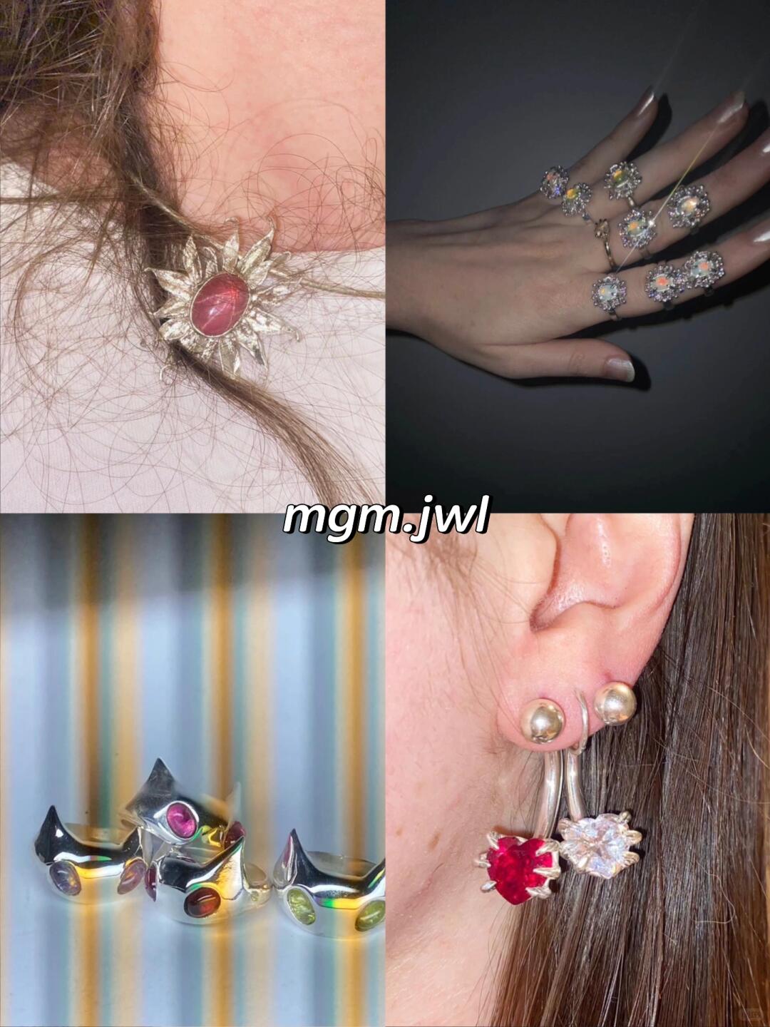 MGN Jewellery gemstone rings, sculptural necklaces and pearl earrings arranged across four close-up views