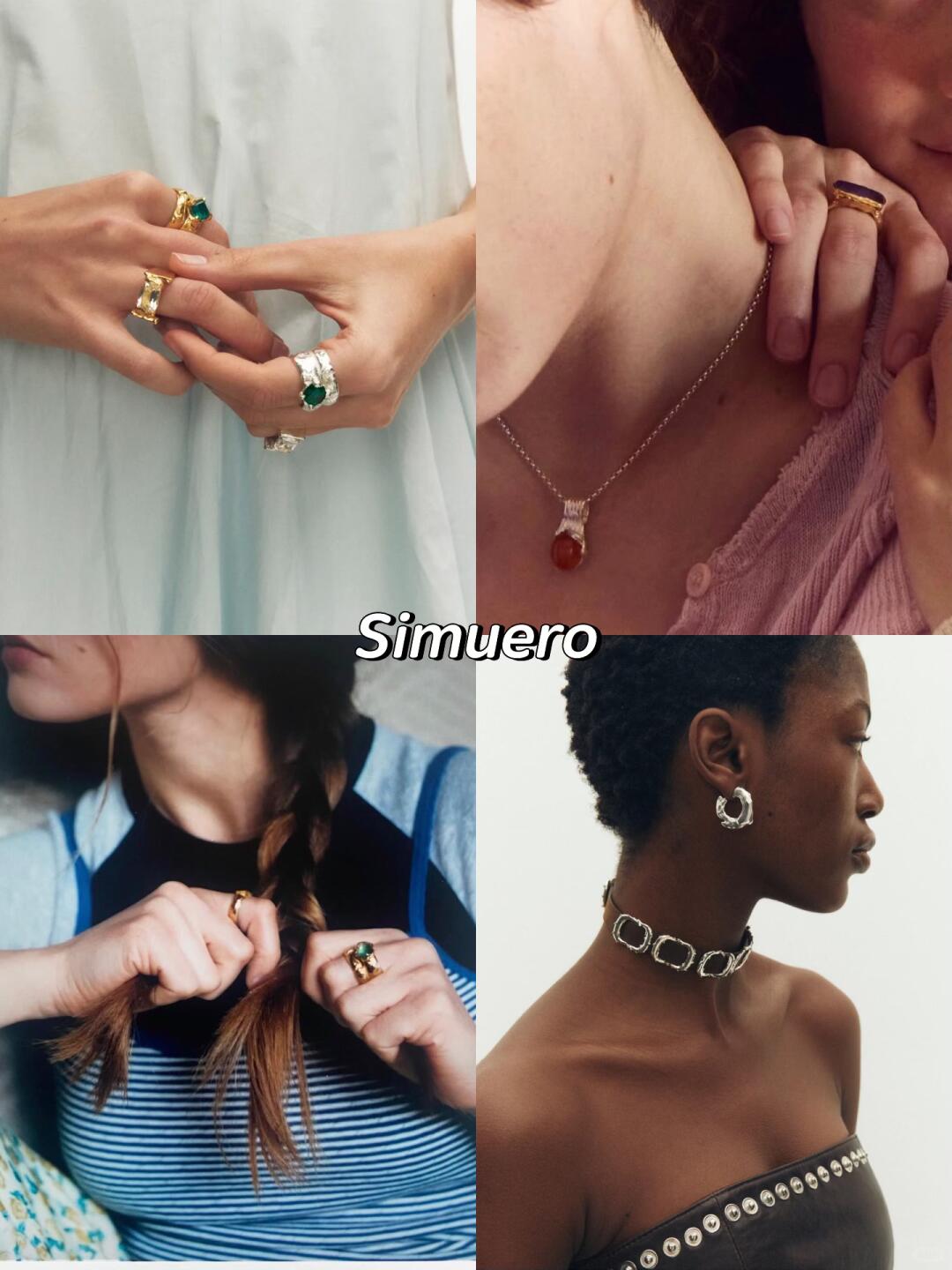 Simuero rings, pendant necklaces and a sculptural metal choker shown in four styled looks