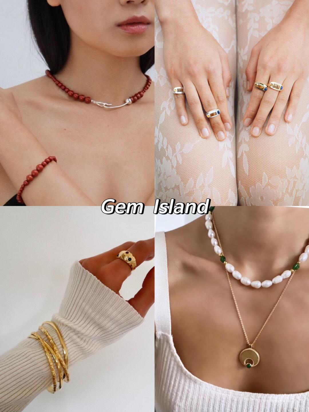 Gem Island rings, bracelets, pendants and a pearl necklace styled in four close-up views
