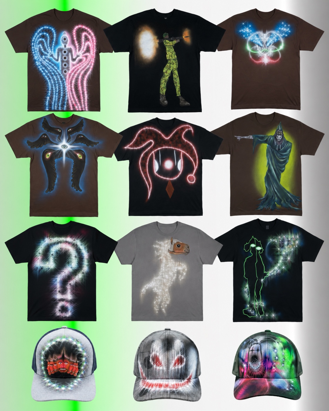 Collage of neon airbrush graphic T-shirts and caps