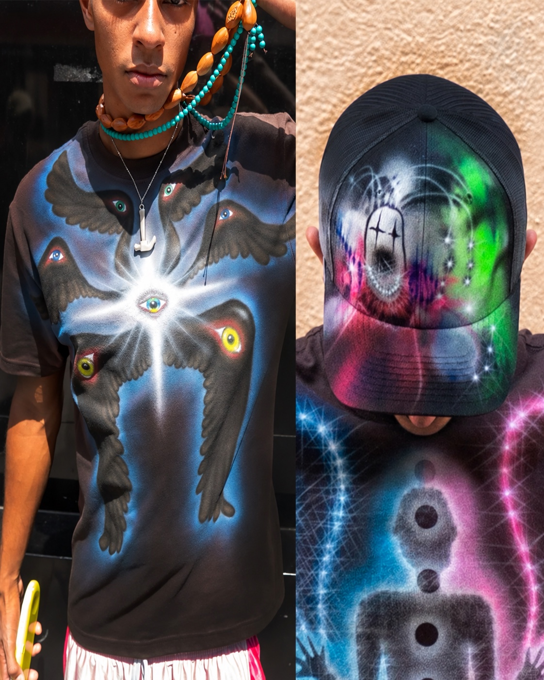 Split view of an eye-and-wing graphic tee and a neon printed cap