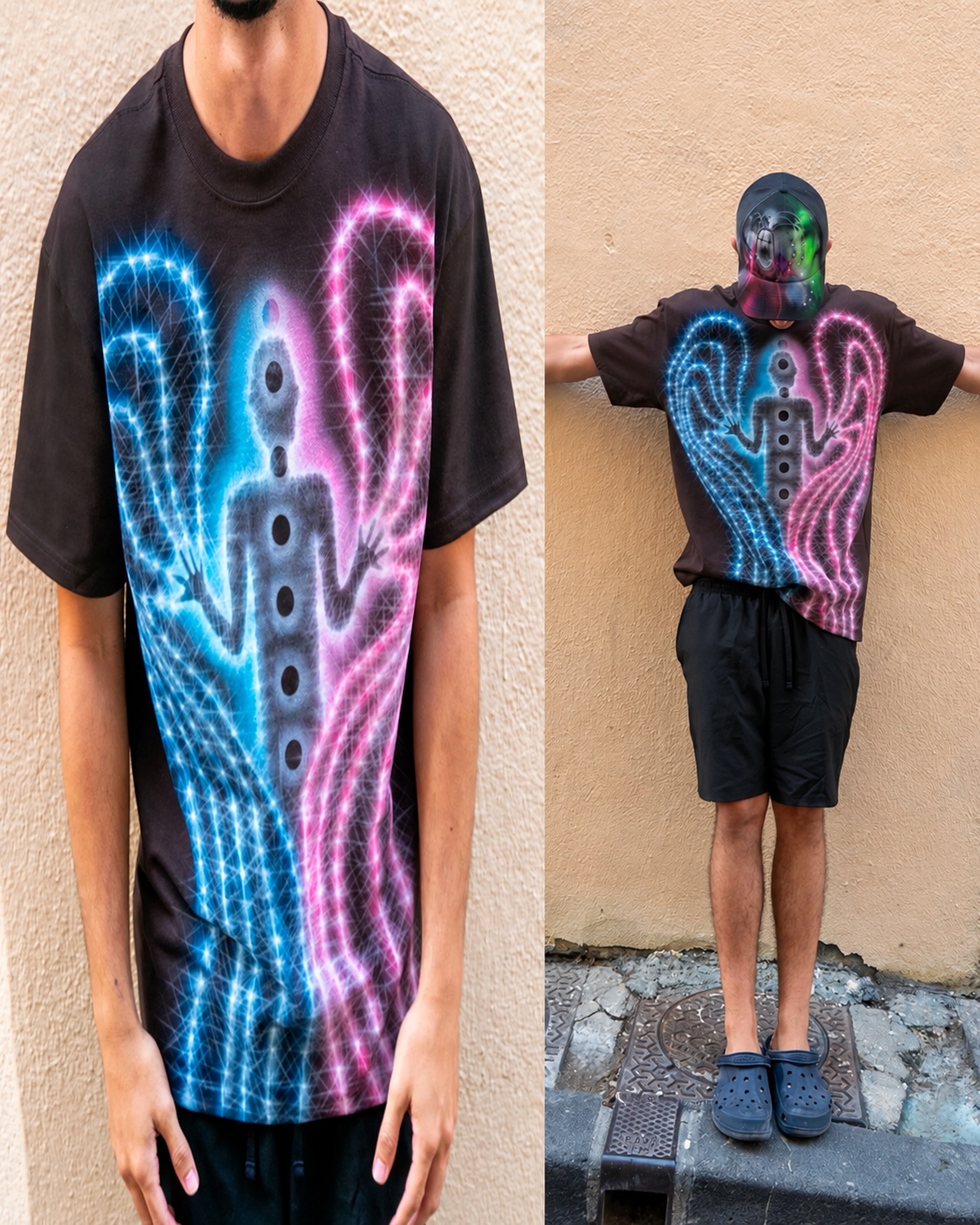 Close-up and full-body views of a black T-shirt with a glowing blue-and-pink figure
