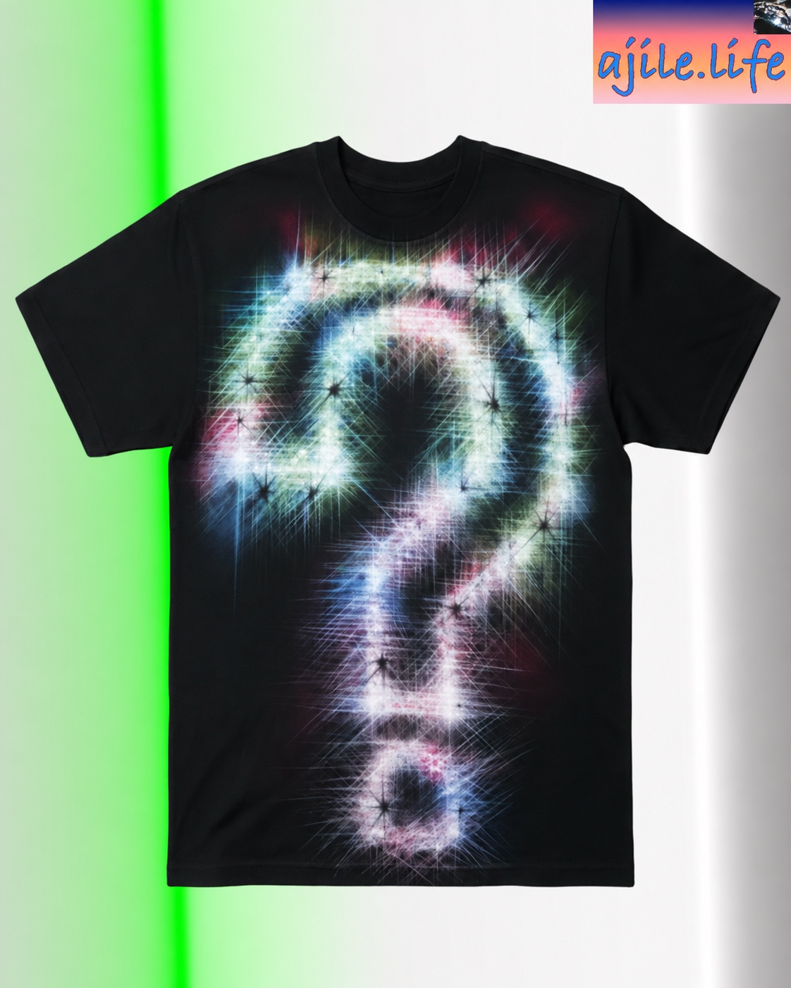 Black airbrush T-shirt with a large sparkling multicoloured question mark