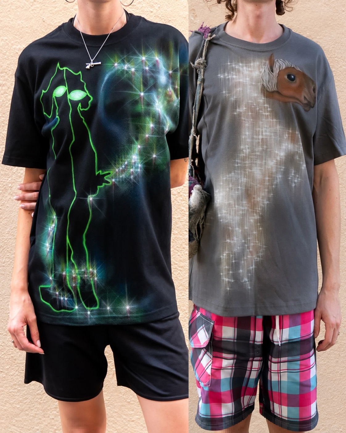 Two neon graphic tees with silhouetted and horse motifs