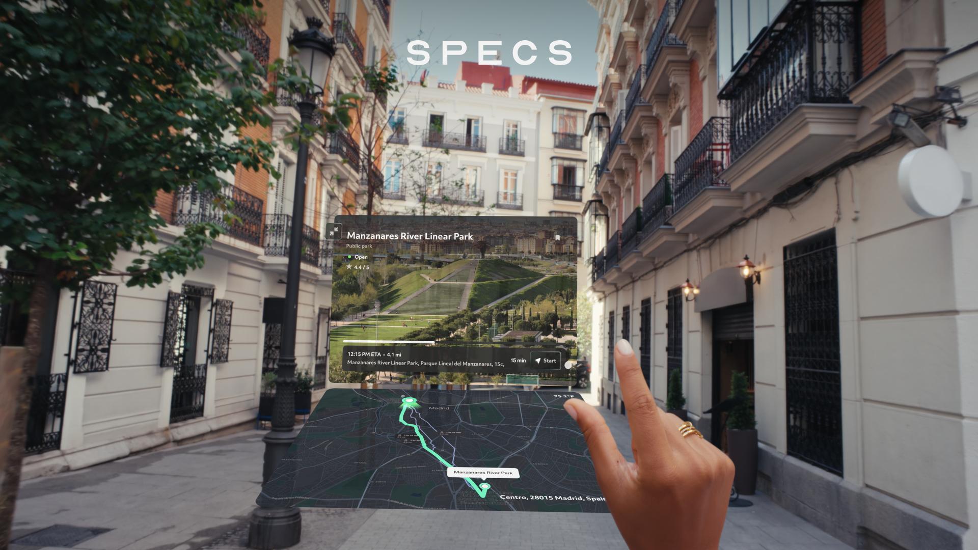 SPECS AR glasses showing an augmented reality navigation experience in Madrid