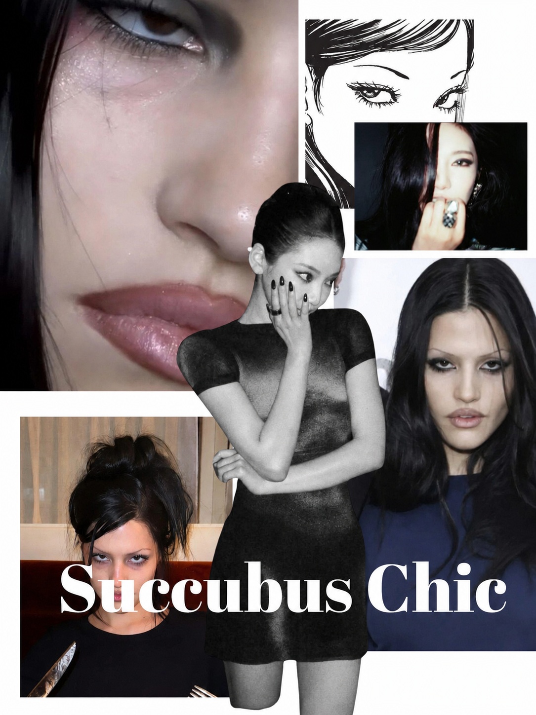 Dark feminine aesthetic collage with succubus chic makeup, black styling and sharp beauty references
