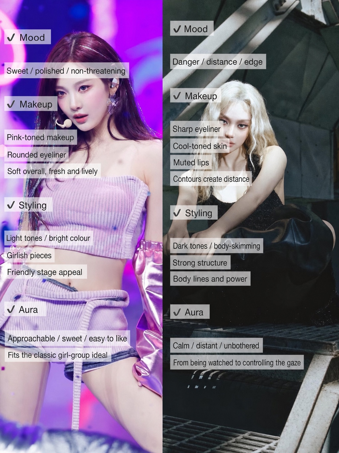 Dark feminine aesthetic comparison showing sweet styling versus succubus chic styling