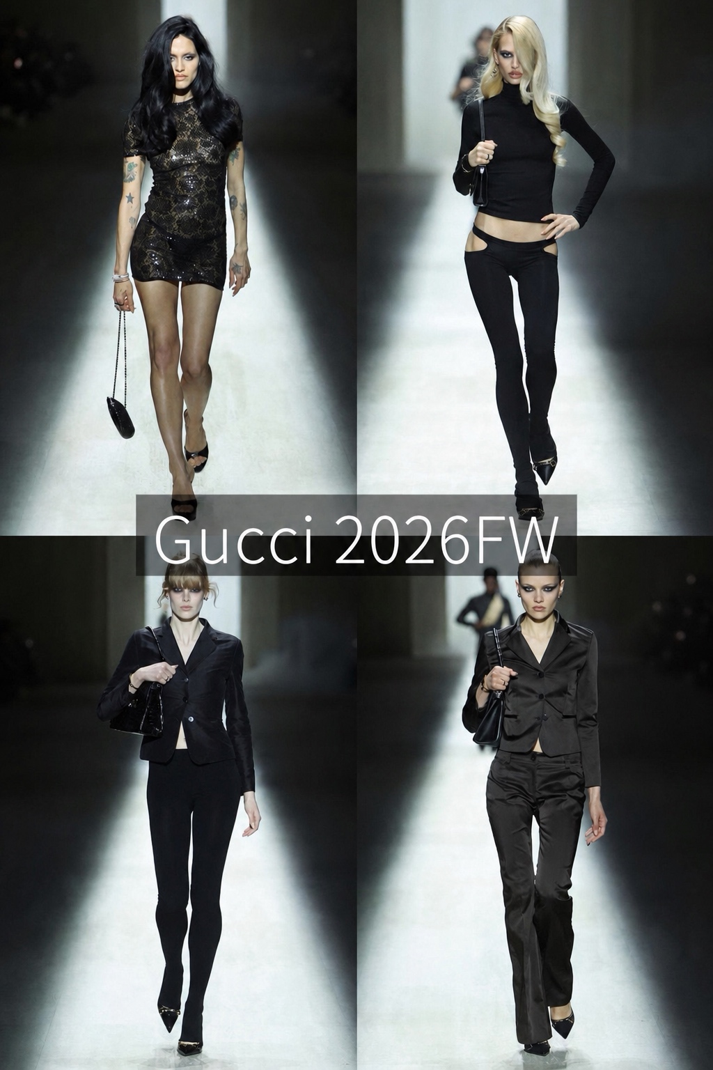 Gucci 2026FW black runway styling with dark feminine silhouettes and sharp glamour