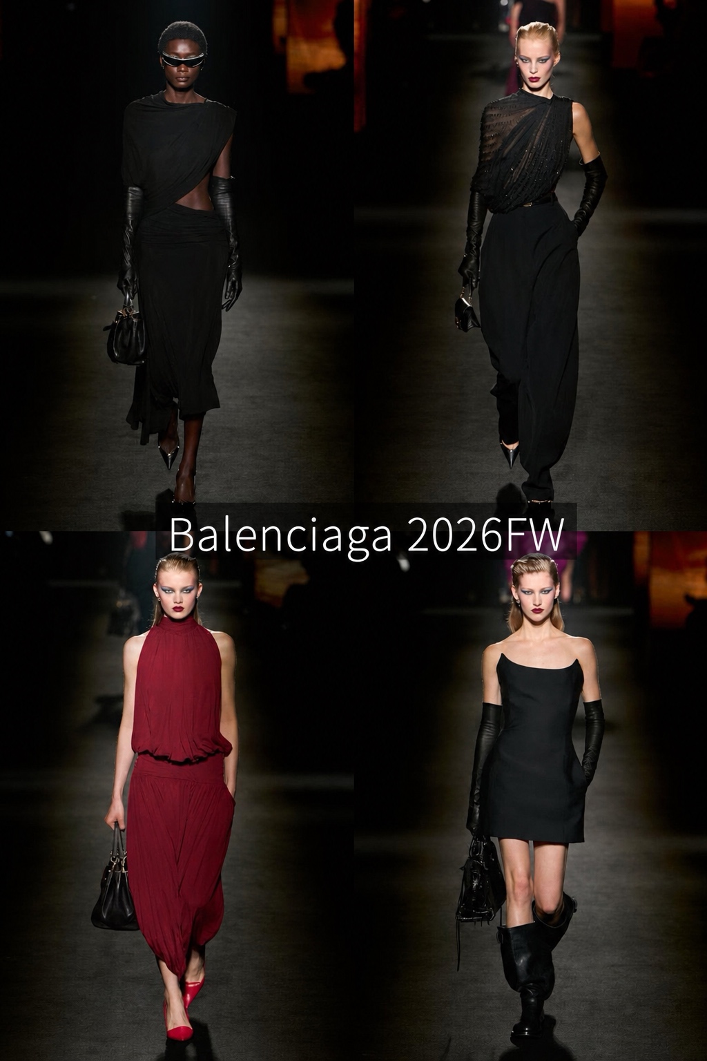 Balenciaga 2026FW dark feminine runway styling with black dresses, gloves and severe makeup