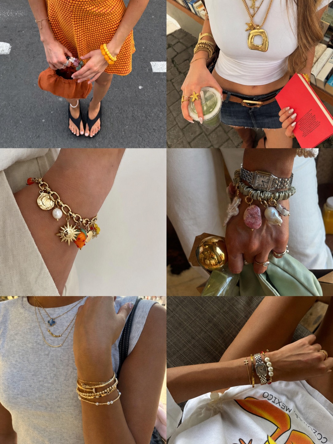Final bracelet stack styling with colorful summer jewelry