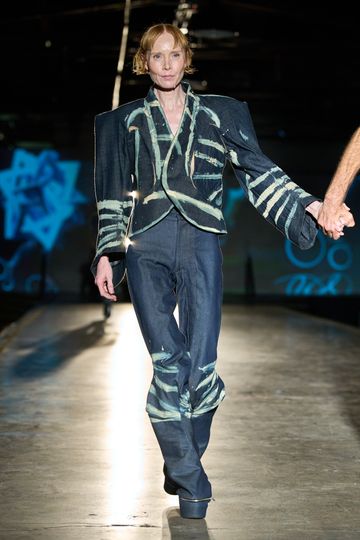 Threeasfour Spring 2027 runway look in reworked denim