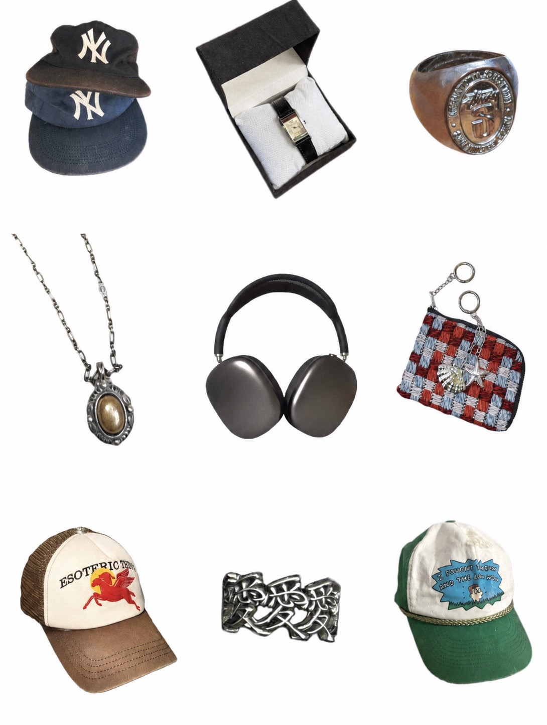 Streetwear accessories arranged as a personal styling system