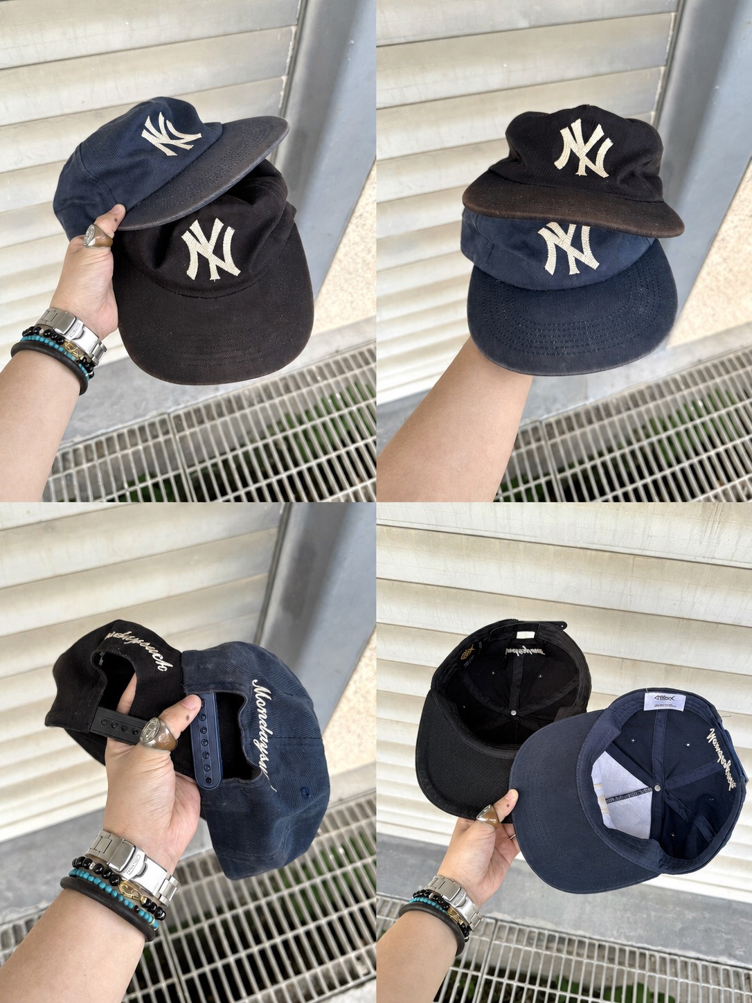 Caps, silver jewelry, and small streetwear objects styled together