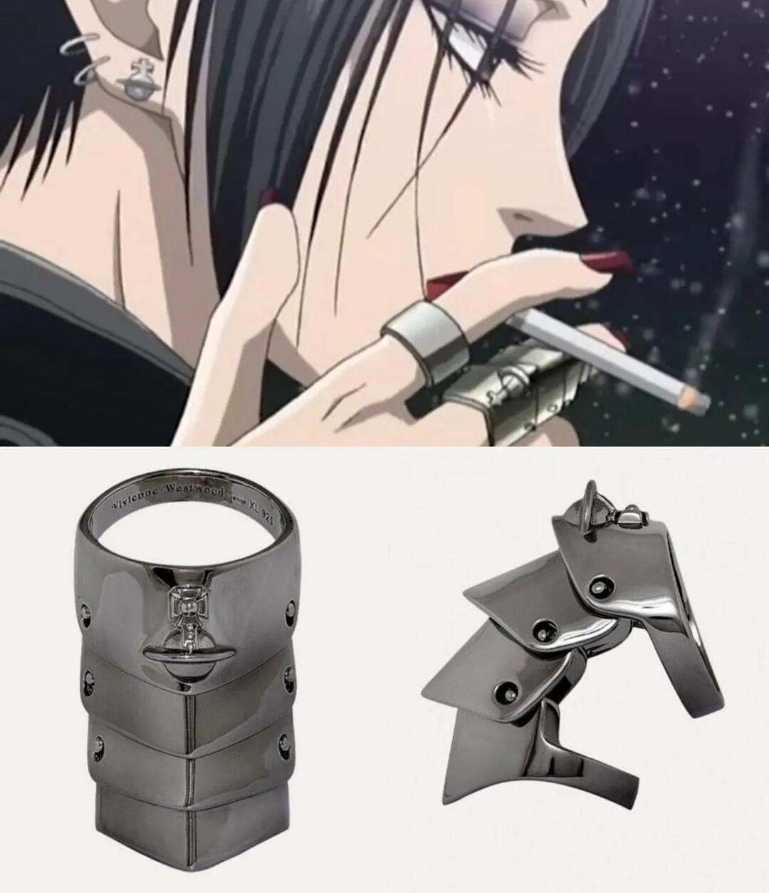 Nana Osaki wearing an articulated silver Armour Ring beside front and side views of the design