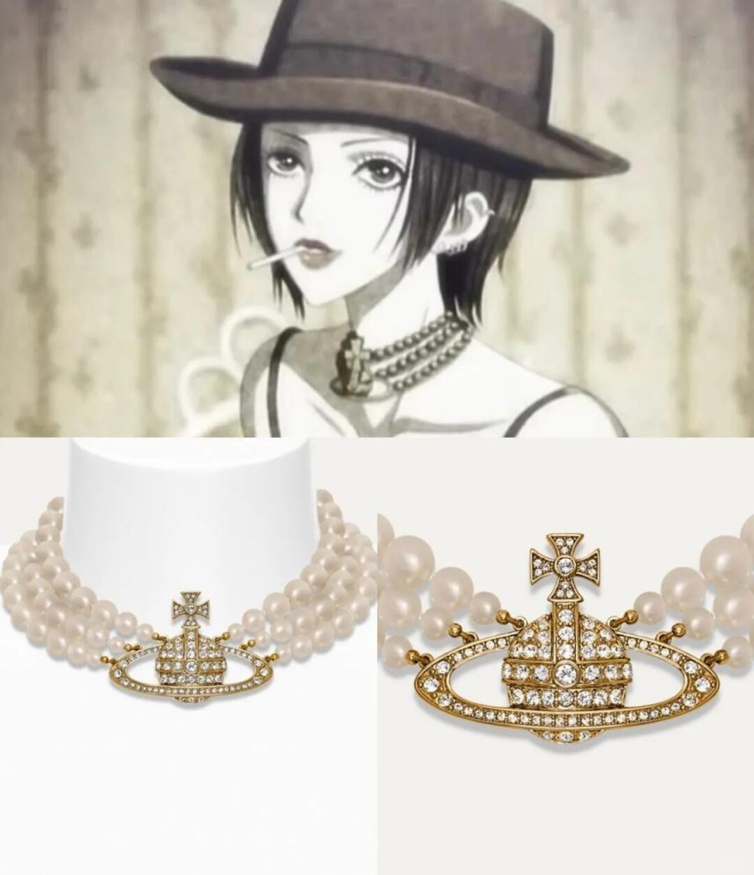 NANA characters wearing the Three Row Pearl Bas Relief Choker beside two views of the pearl and Orb design