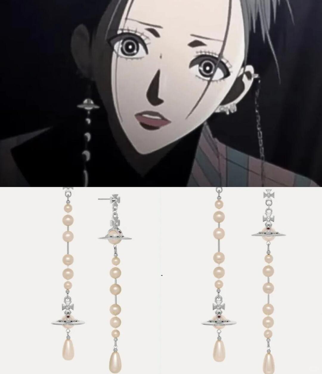 Hachi wearing asymmetric pearl drop earrings beside two product views of the broken-strand design
